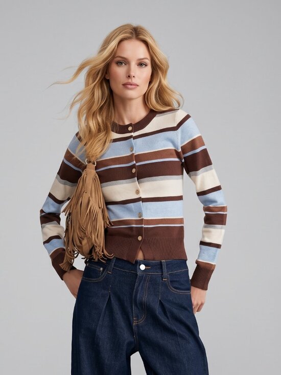 Sweaters - Women's Brown Blue Striped Button Cardigan Fall Casual Cropped Knit Sweater